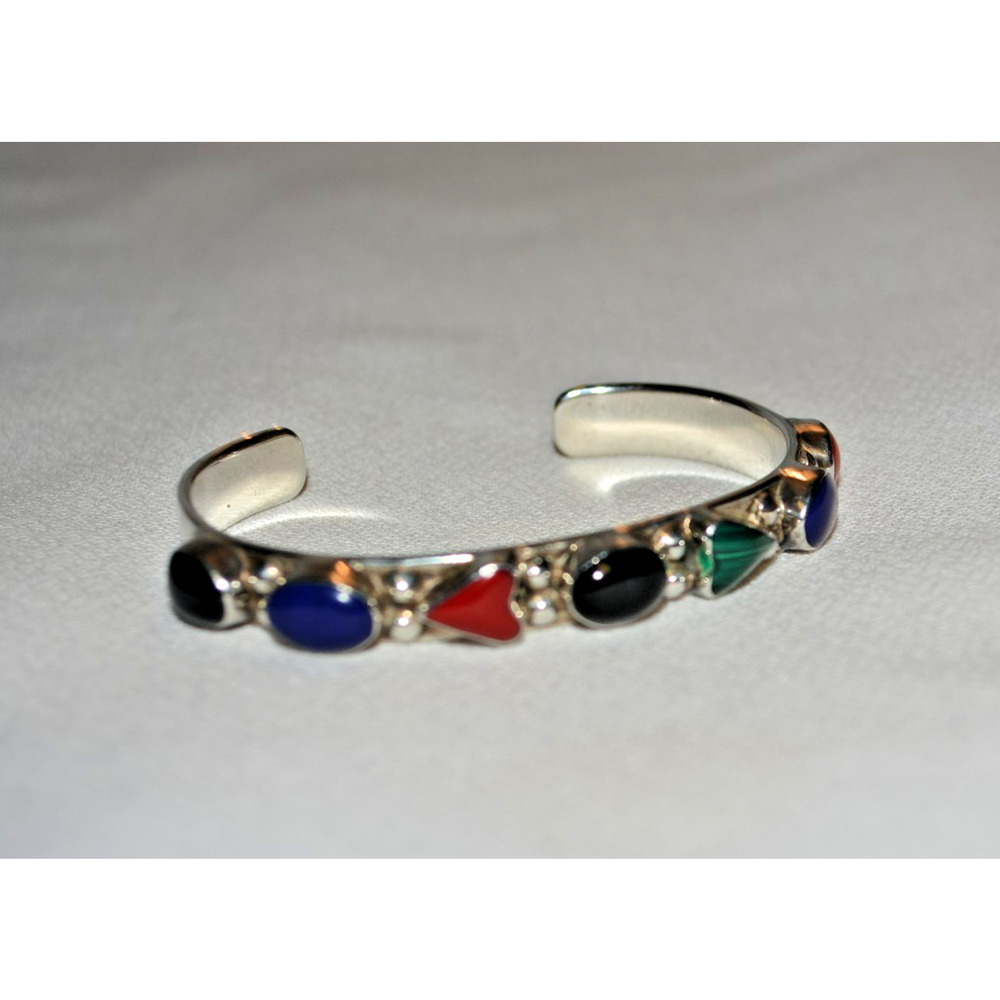 Vintage Mexico 925 Sterling Silver Multi-Stone Bracelet, Artist Signed CD